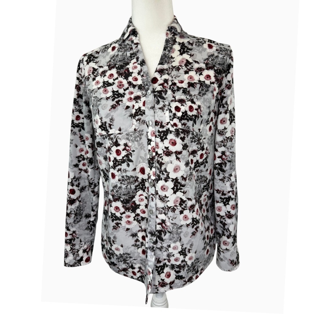 Talbots Womens XS Gray Burgundy Floral Button Front Long Sleeve Blouse 2 Pockets